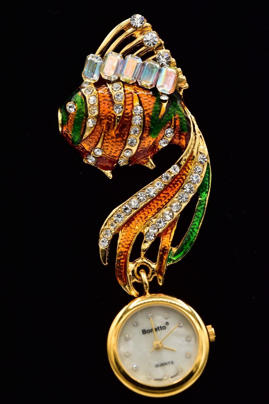 Bonetto Vintage Fish Brooch Watch Enamel Rhinestone Gold Tone Figural Pin BinAT